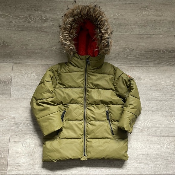 Zara Parka Puffer Jacket Coat Kids Boys Sage Green Faux Fur Hood Size 6 - Picture 1 of 7